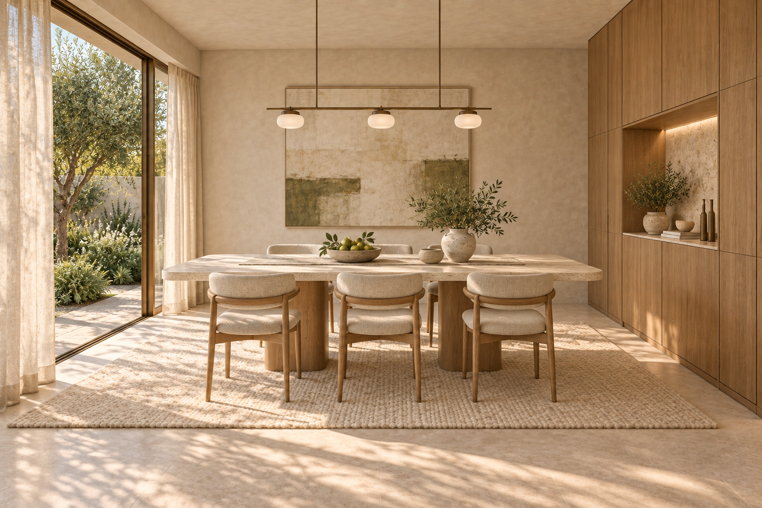 Dining concept with stone table, six linen chairs and oak joinery