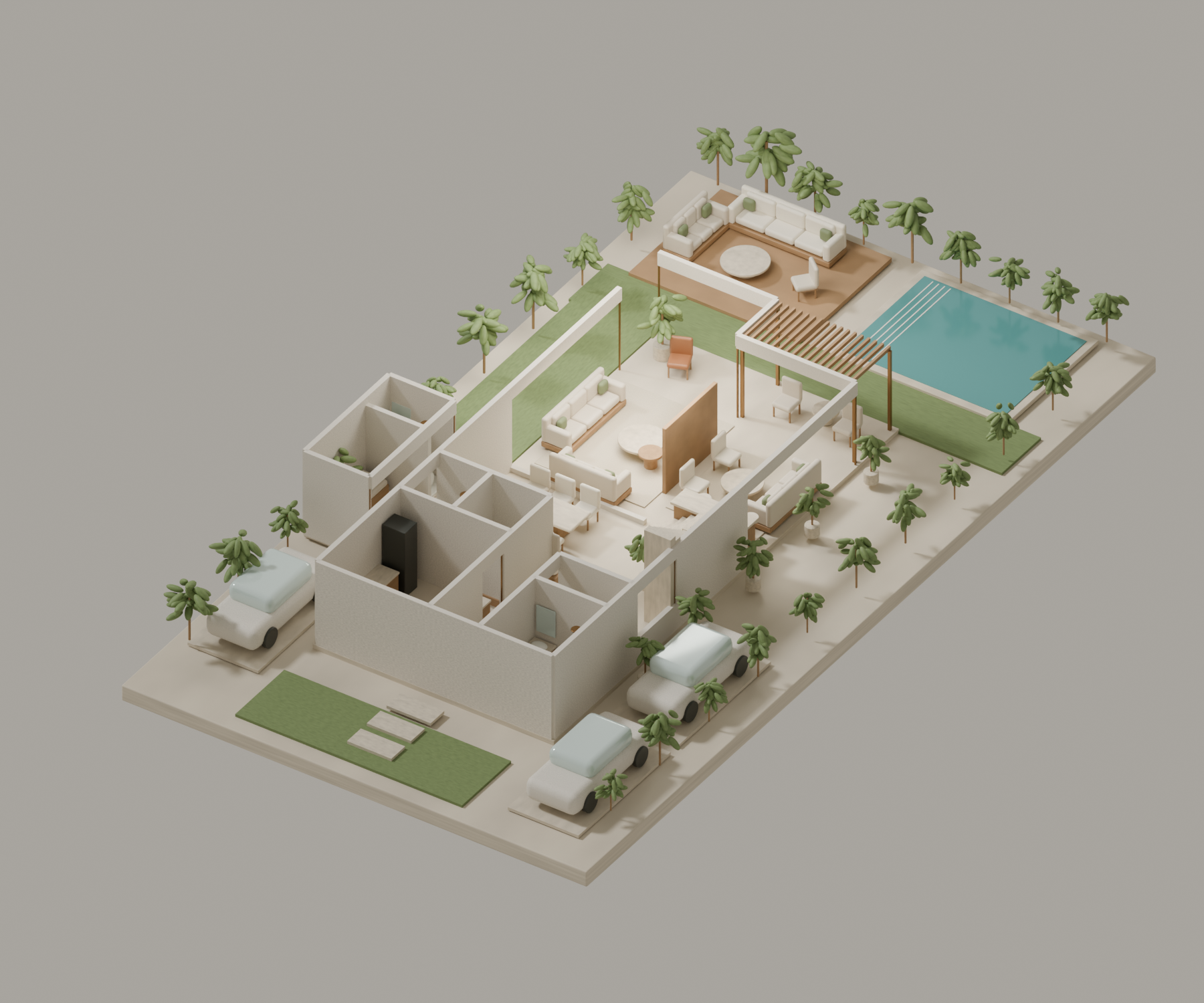 Axonometric rendered view of the ground floor and garden