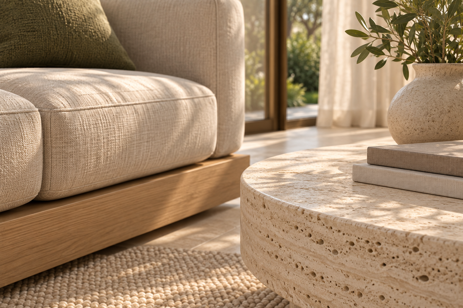 Close-up of porous travertine, woven linen, natural oak and wool