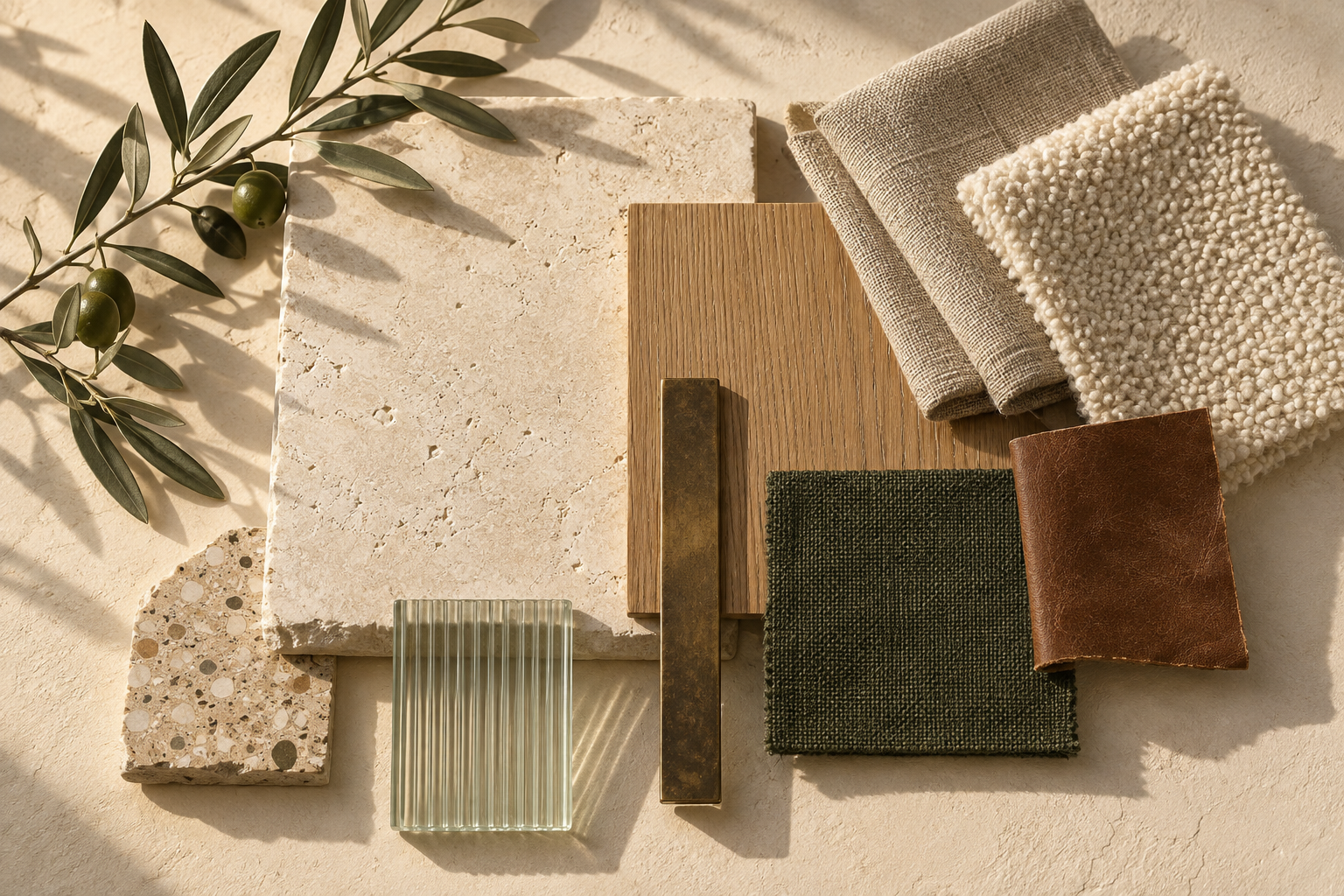 Material moodboard with limestone, oak, linen, bronze, olive fabric and tobacco leather